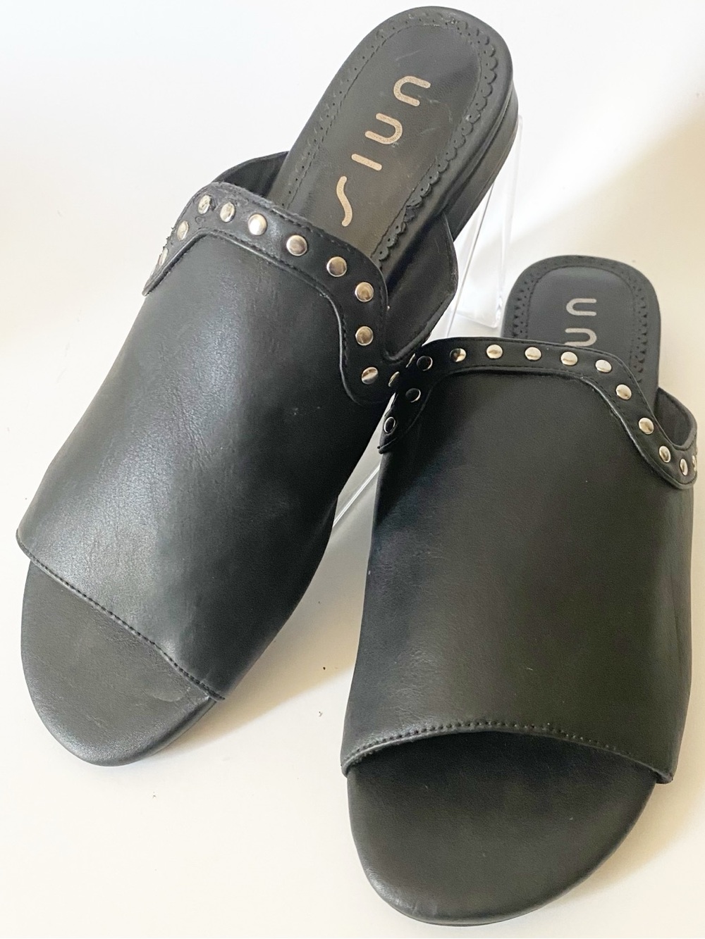 Unisa "Unkilian" black Silver studded Faux Leather slide miles sandals rocker